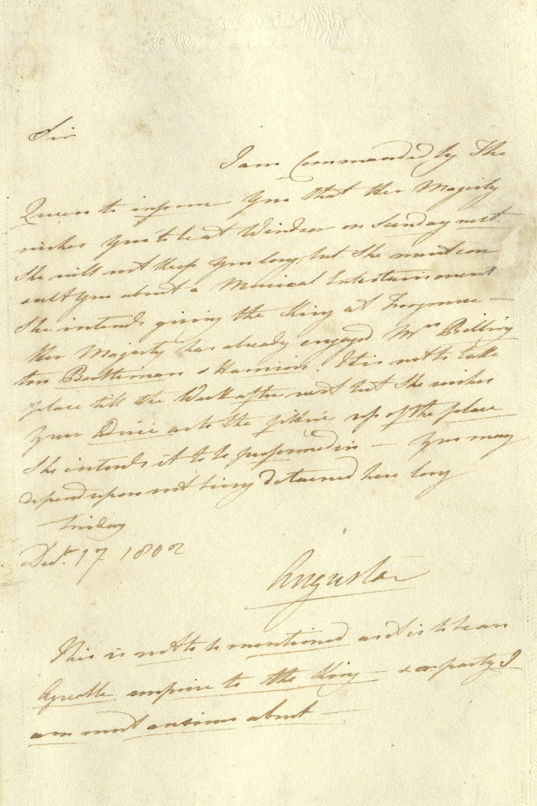 Letter from Princess Augusta to Sir William Parsons, 17 December 1802. RA GEO/ADD/46/3