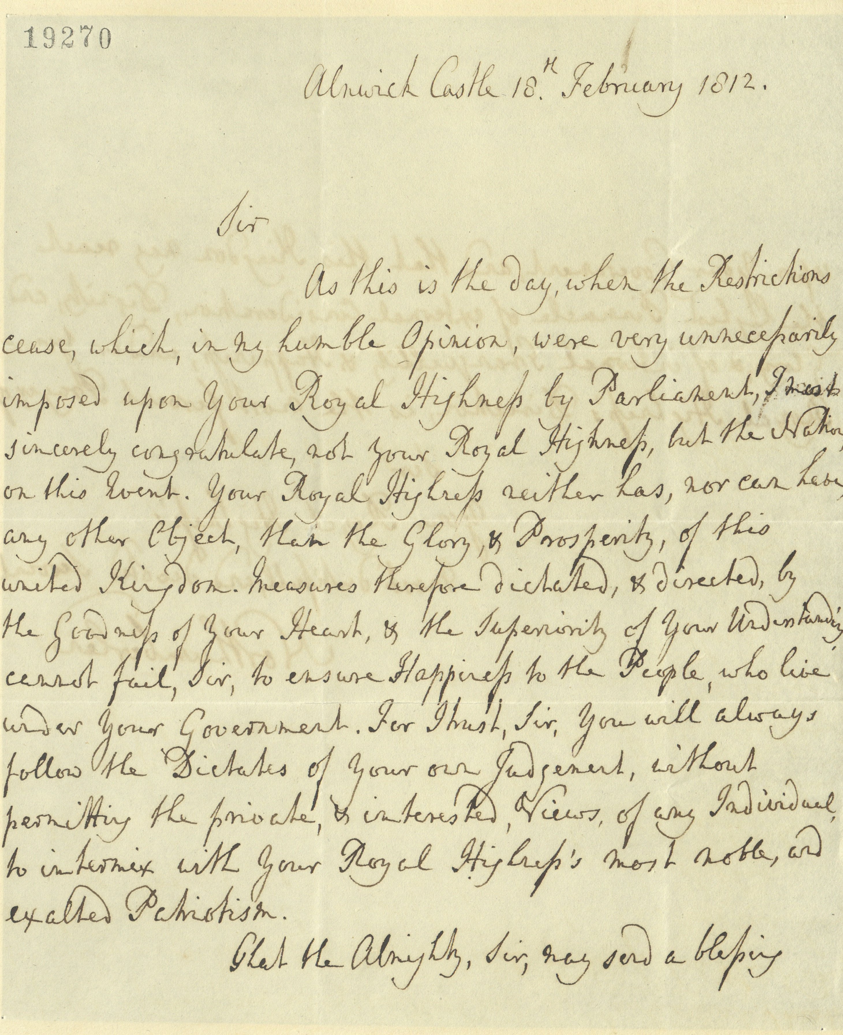 Letter of congratulations from the Duke of Northumberland to the Prince Regent, 18 February 1812. RA GEO/MAIN/19270