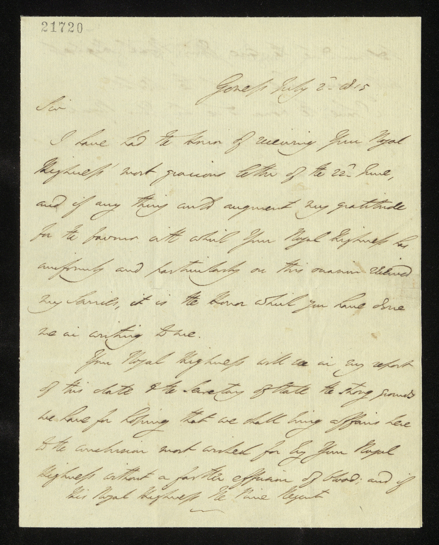 Letter from the Duke of Wellington to the Prince Regent after the Battle of Waterloo, 2 July 1815. RA GEO/MAIN/21720