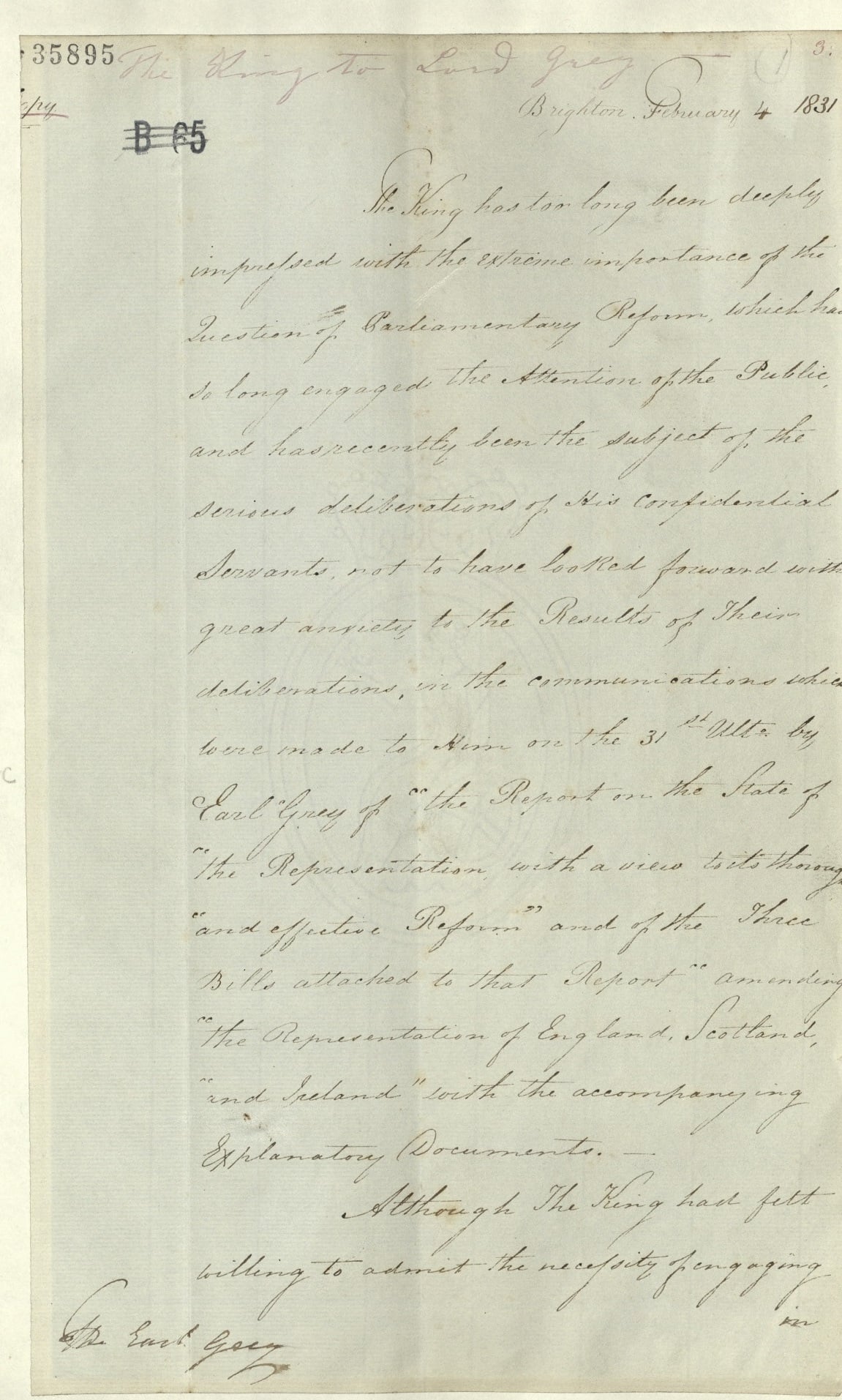 Letter from William IV to Lord Grey, on universal suffrage, 4 February 1831, GEO/MAIN/35859 Letter from William IV to Lord Grey, 1831
