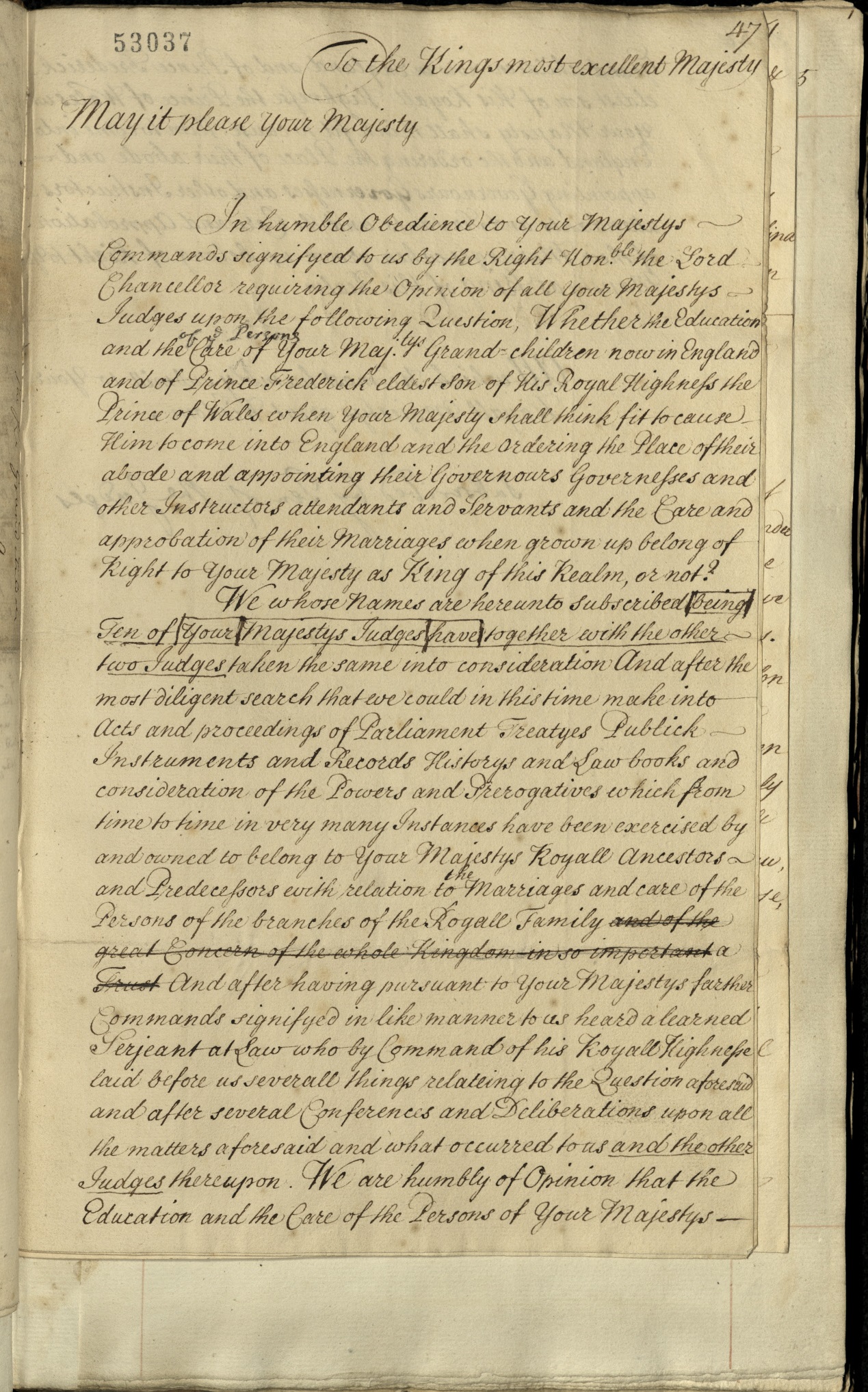 Extract from papers relating to the judgement concerning responsibility for the education and care of George II's grandchildren, GEO/MAIN/53037 Document from a volume of papers collated by Lord Macclesfield