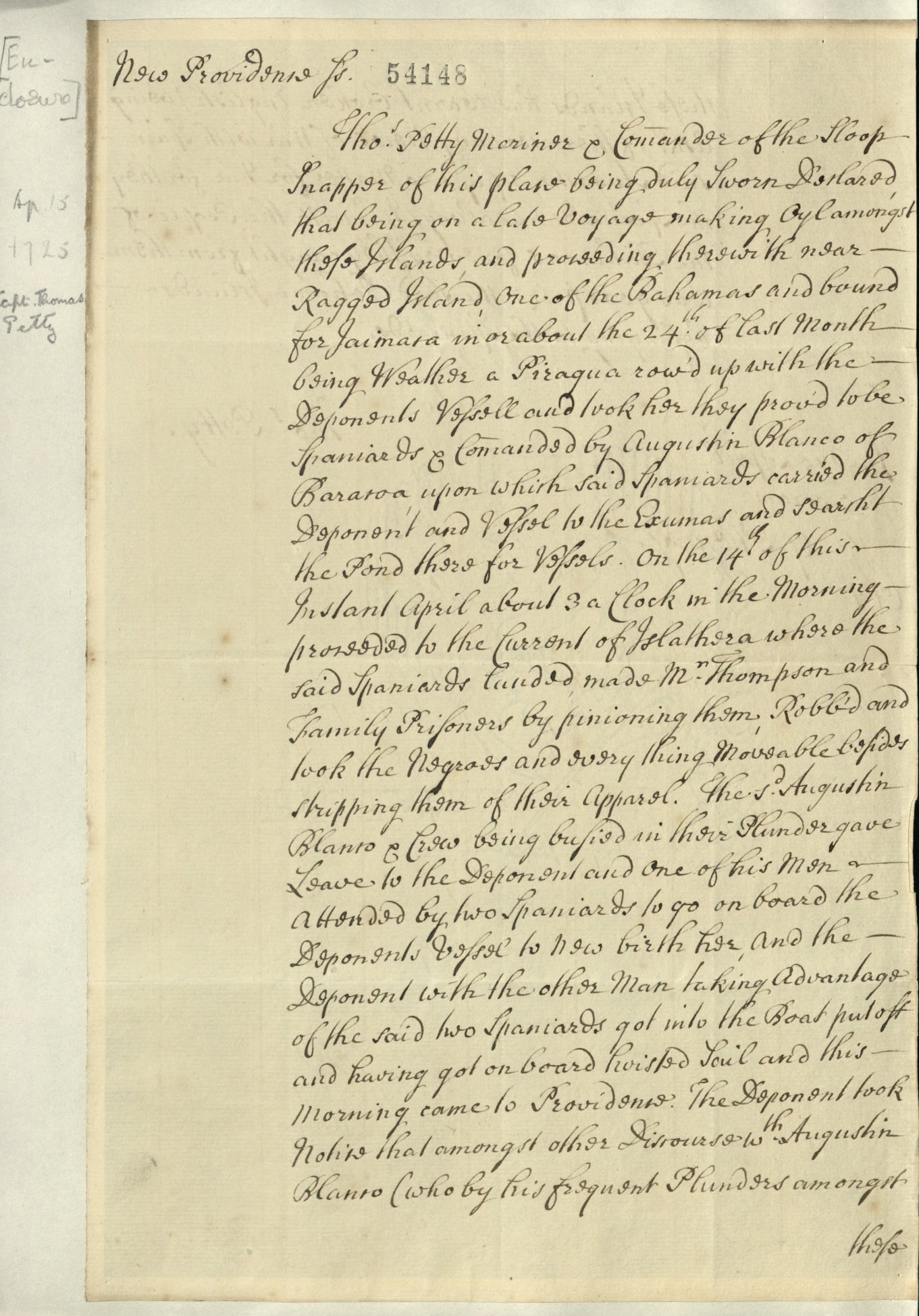 Captain Thomas Petty's affadavit, 1725