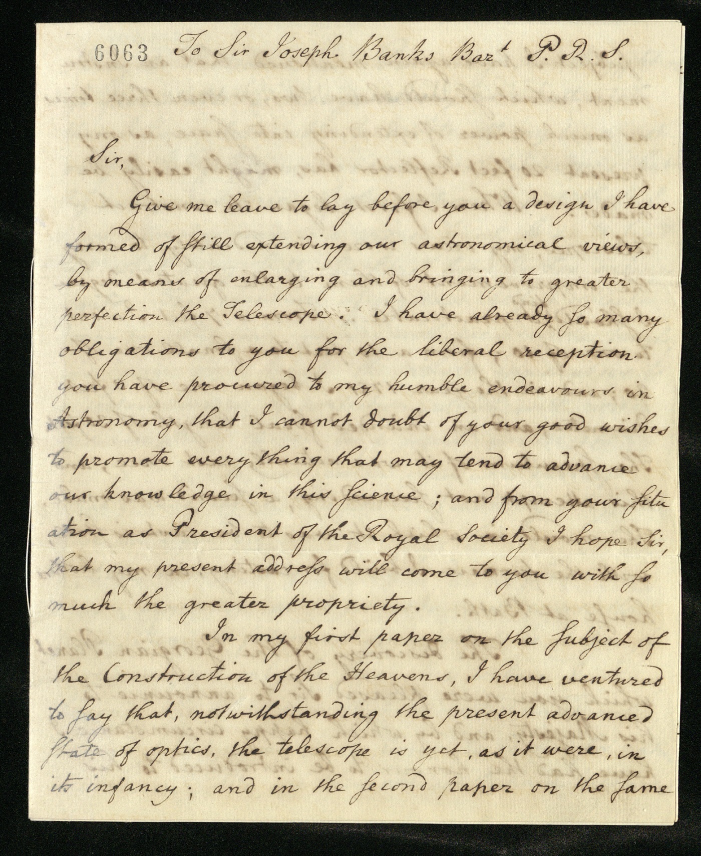 Letter from William Herschel to Sir Joseph Banks, with an estimate of the expenses required to build an enlarged telescope, page 1