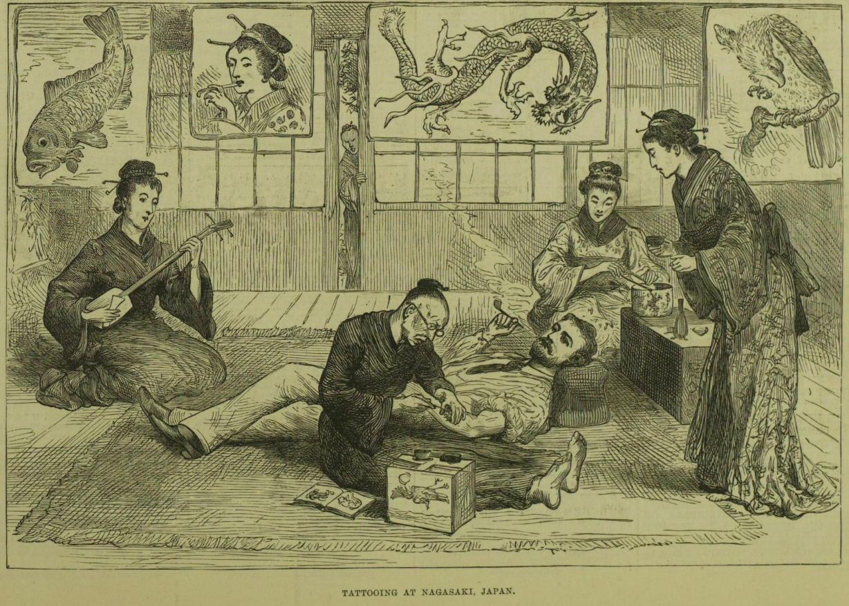 Newspaper illustration of a Western man being tattooed in a traditional Japanese room