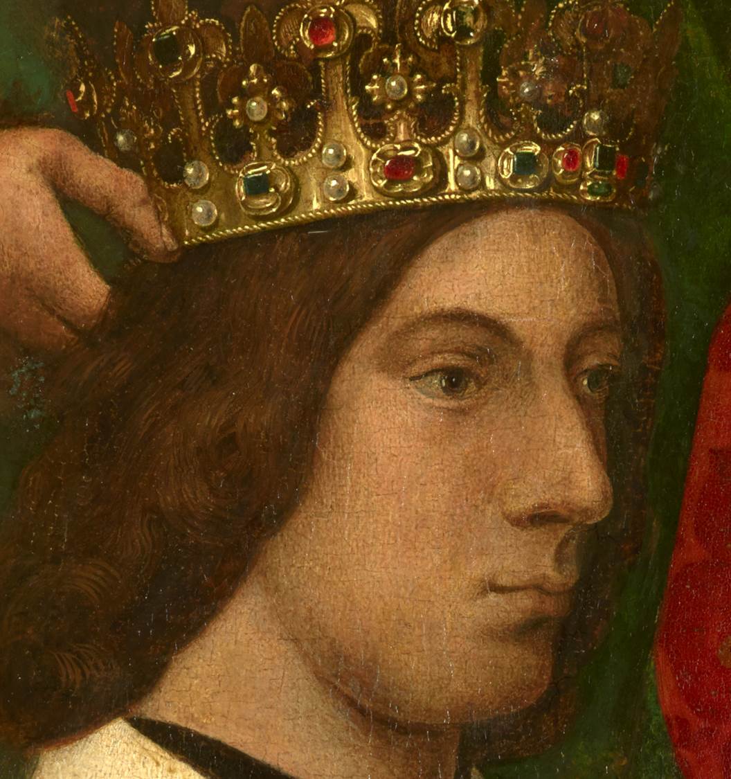 Detail of the king's face, showing misaligned eyes