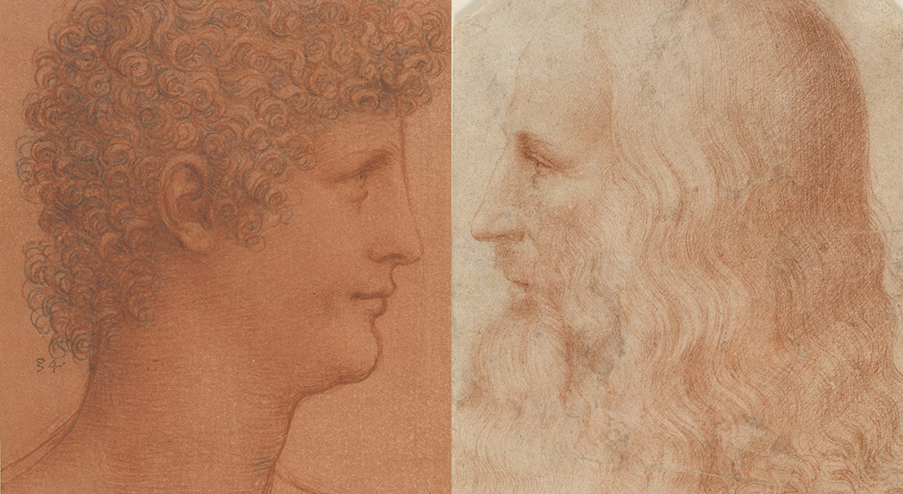 Drawing of the head of a youth by Leonardo (RCIN 912554) and a portrait of Leonardo attributed to Francesco Melzi (RCIN 912726) Drawing of curly haired youth and a drawing of Leonardo