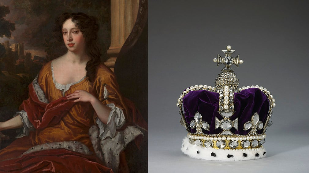 Portrait of Mary of Modena (RCIN 403225) and the State Crown of Mary of Modena (RCIN 31707) Painting of woman with red and orange luxurious clothing and a gold crown with diamonds and purple velvet..