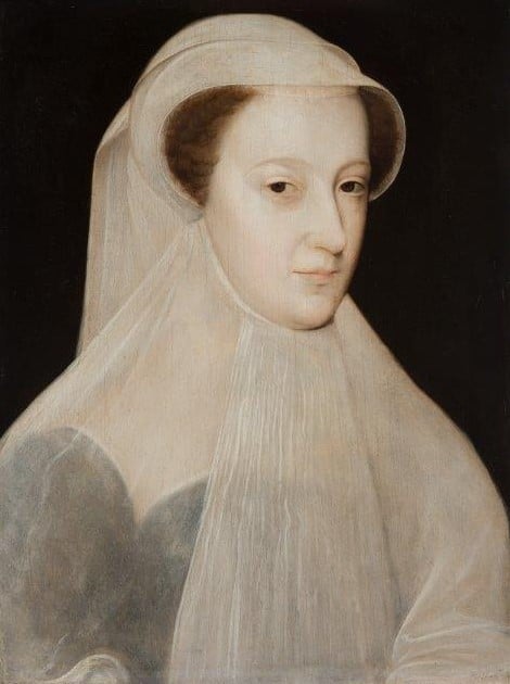 Head and shoulders portrait of Mary, Queen of Scots wearing white veil