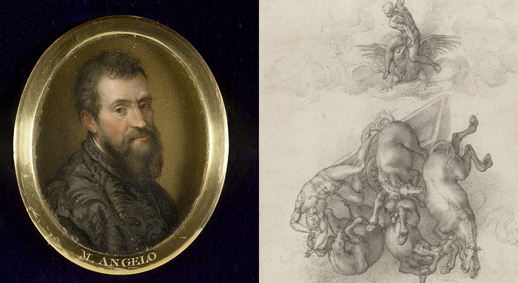 Miniature of Michelangelo by Giuseppe Macpherson (RCIN 421179) and drawing of the Fall of Phaeton by Michelangelo (RCIN 912766) A miniature painting of Michelangelo's face and a black chalk drawing of horses and a chariot falling