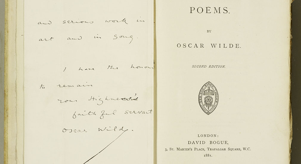 Volume of Oscar Wilde's Poems in the Royal Library (RCIN 1084257) Pages of Oscar Wilde's Poems showing the handwritten inscription and the printed title page