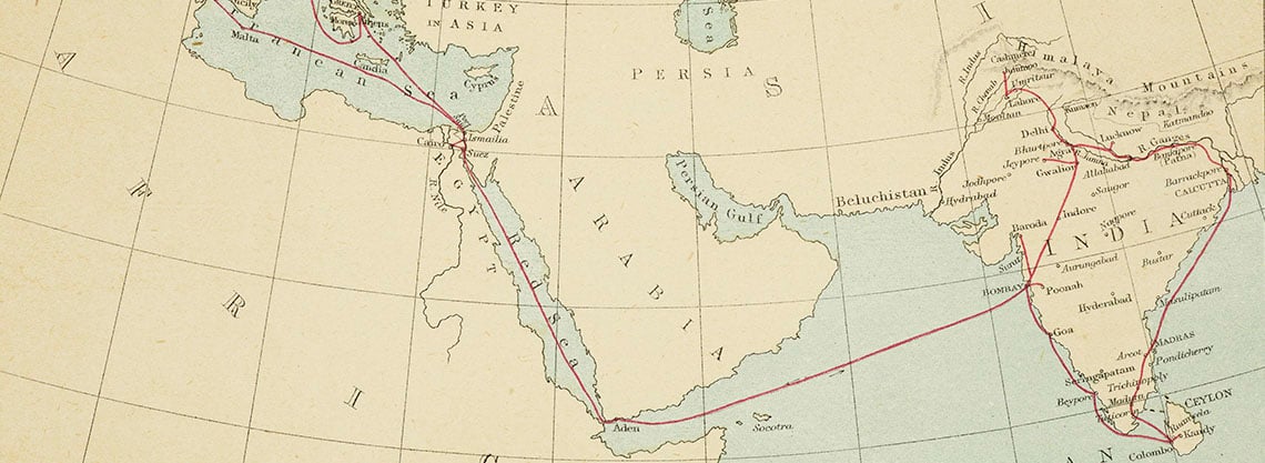 Detail from a map of India and the Middle East, showing the route of the Prince of Wales' tour