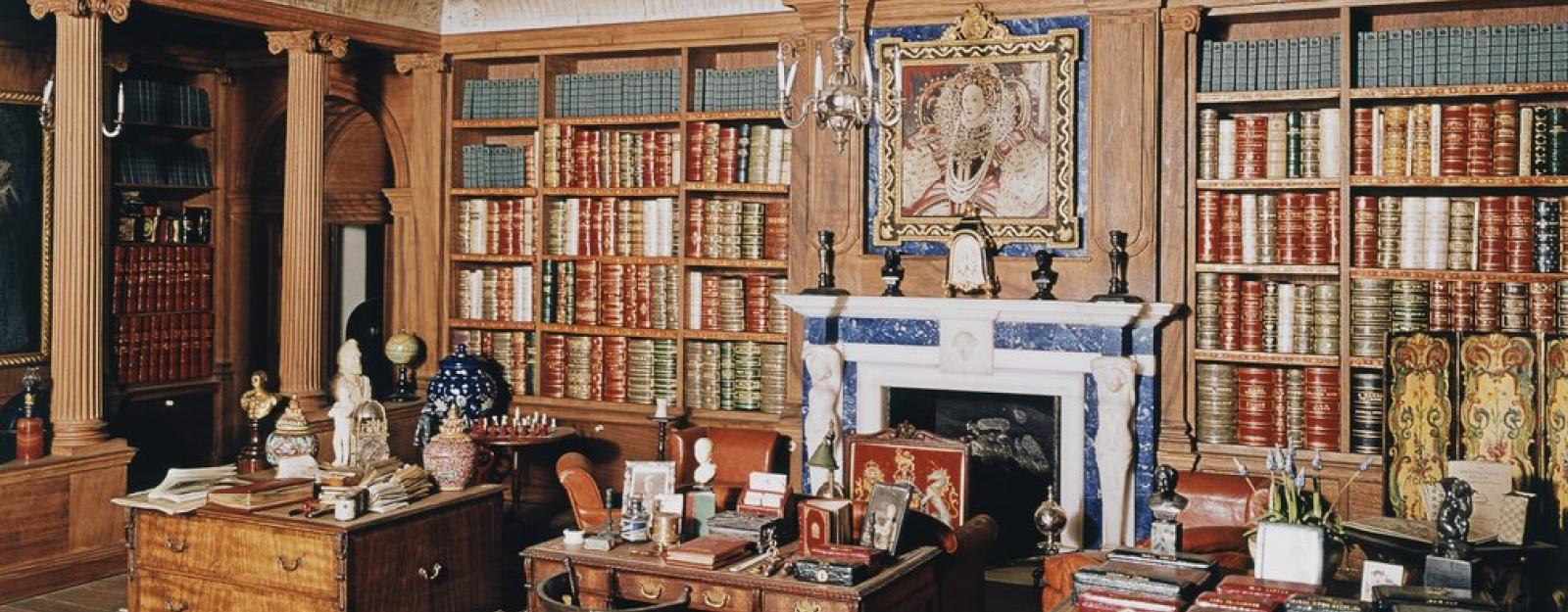 View of the inside of the library in Queen Mary's dolls house