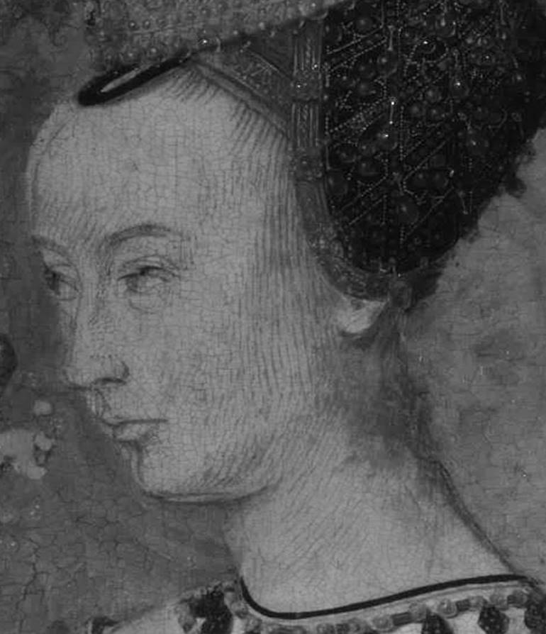 Infrared detail of Queen Margaret's head, highlighting areas of change