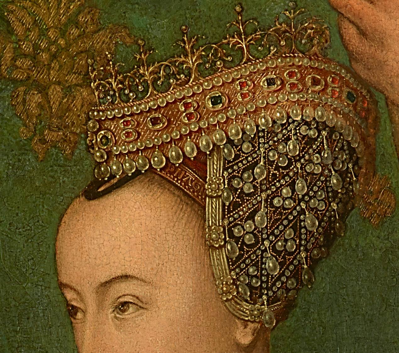 Detail showing the Queen's headdress