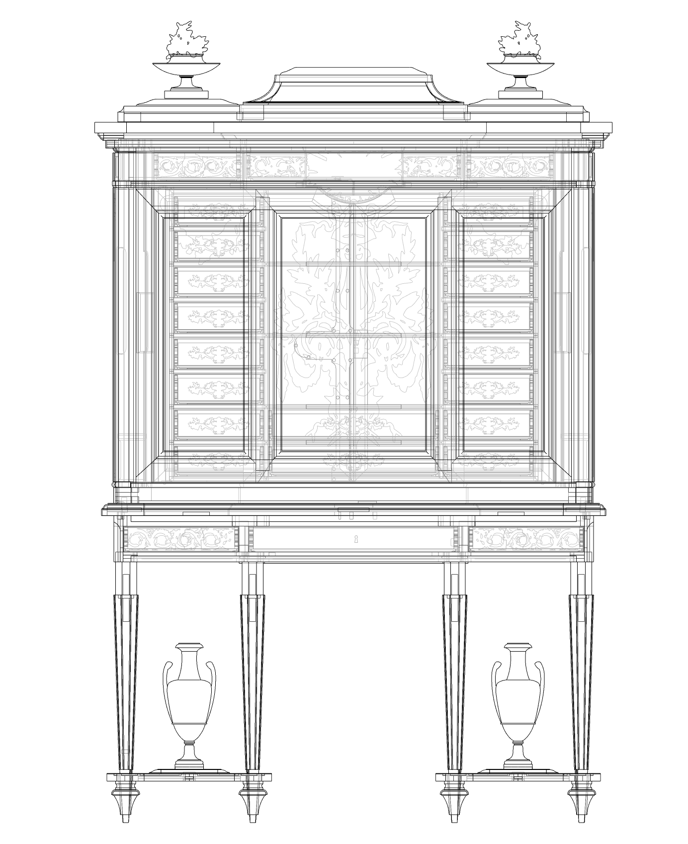 Drawing of back of jewel cabinet with measurements