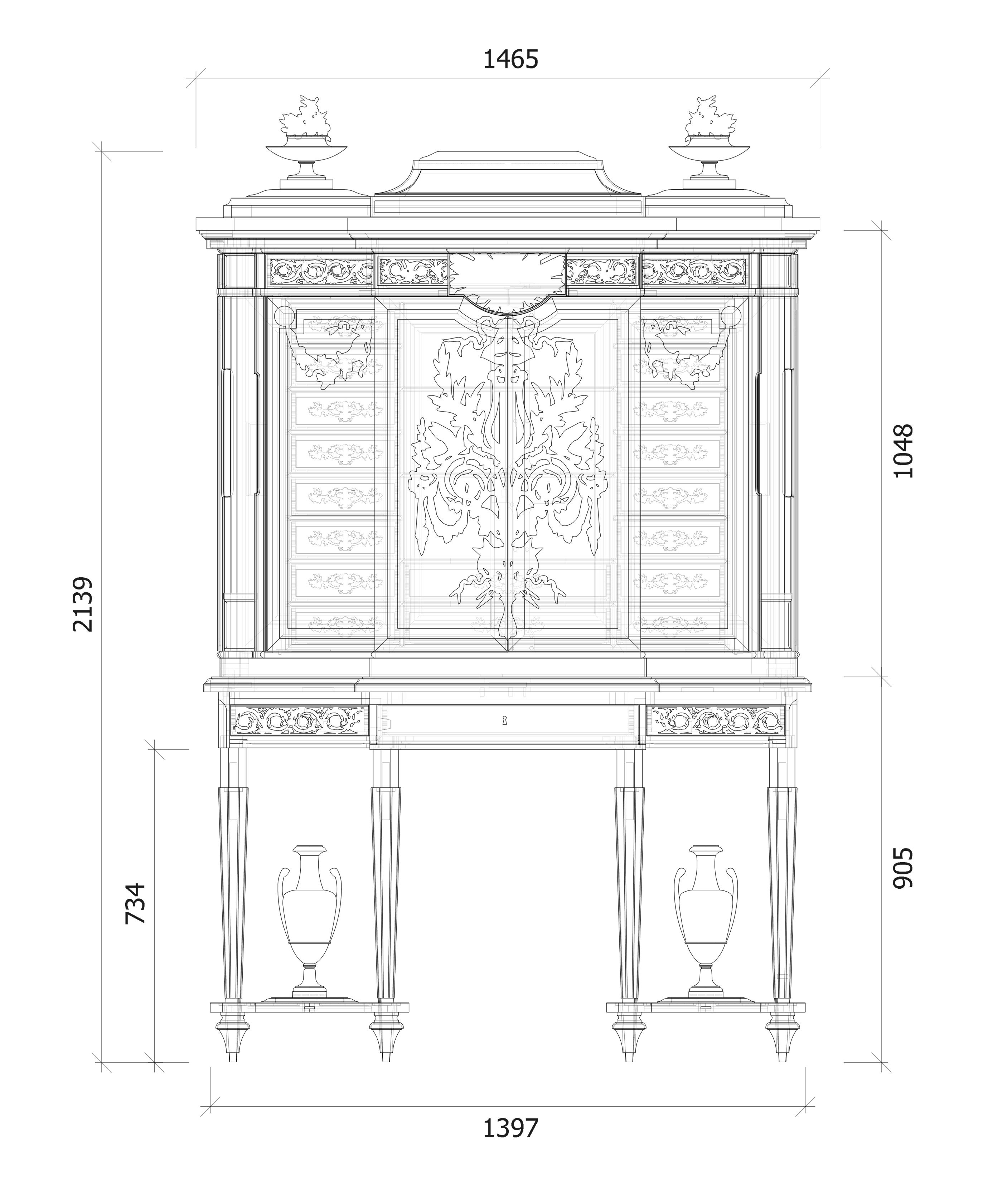 Drawing of front of jewel cabinet with measurements