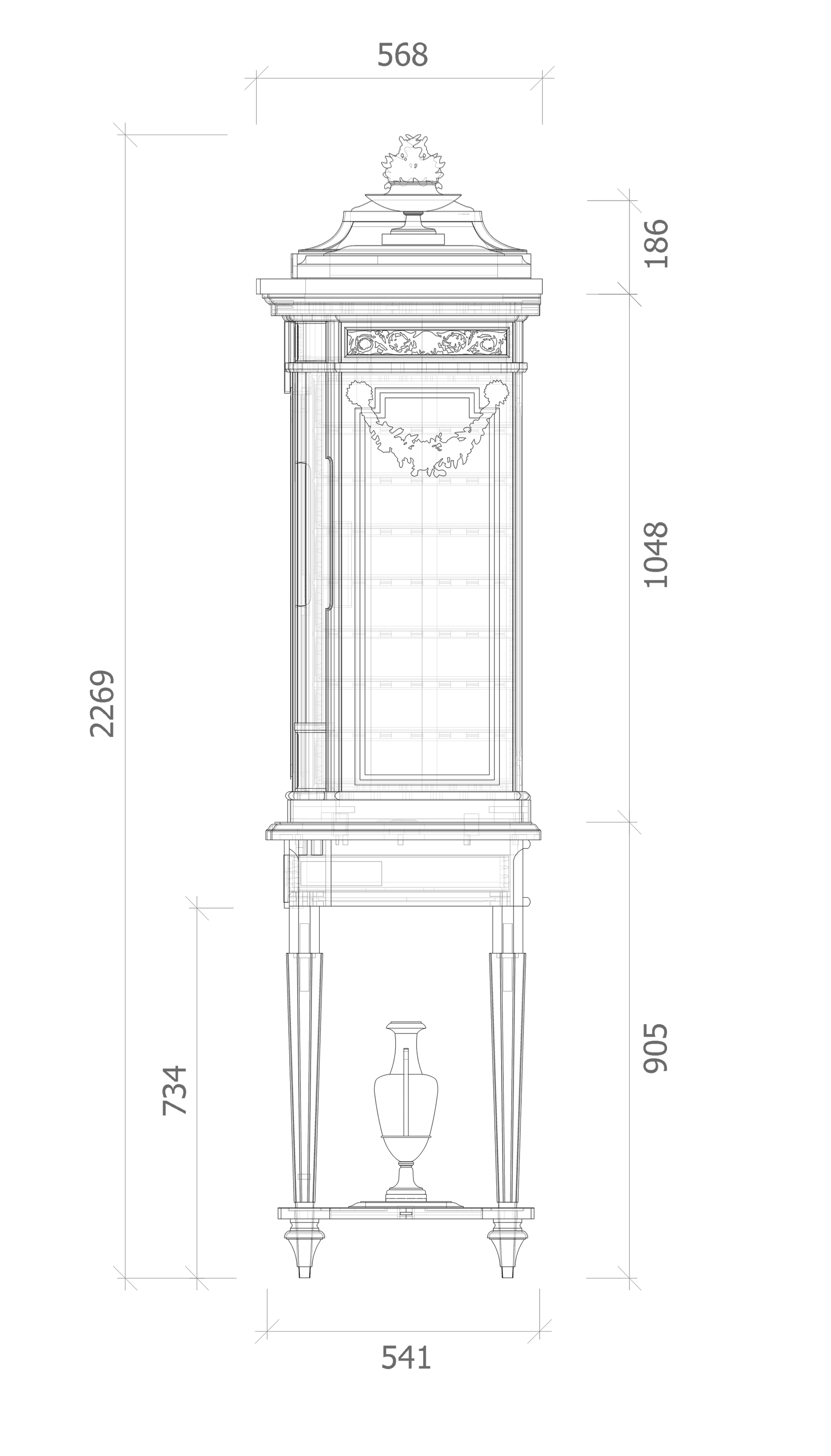 Drawing of side of jewel cabinet with measurements