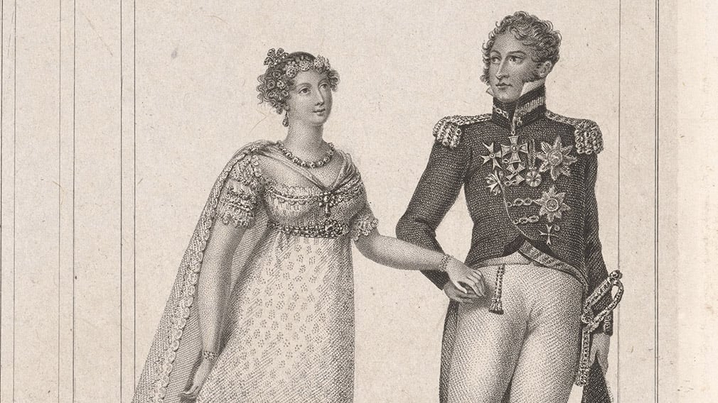 A black and white engraving of Princess Charlotte and Prince Leopold. She is wearing the wedding dress.