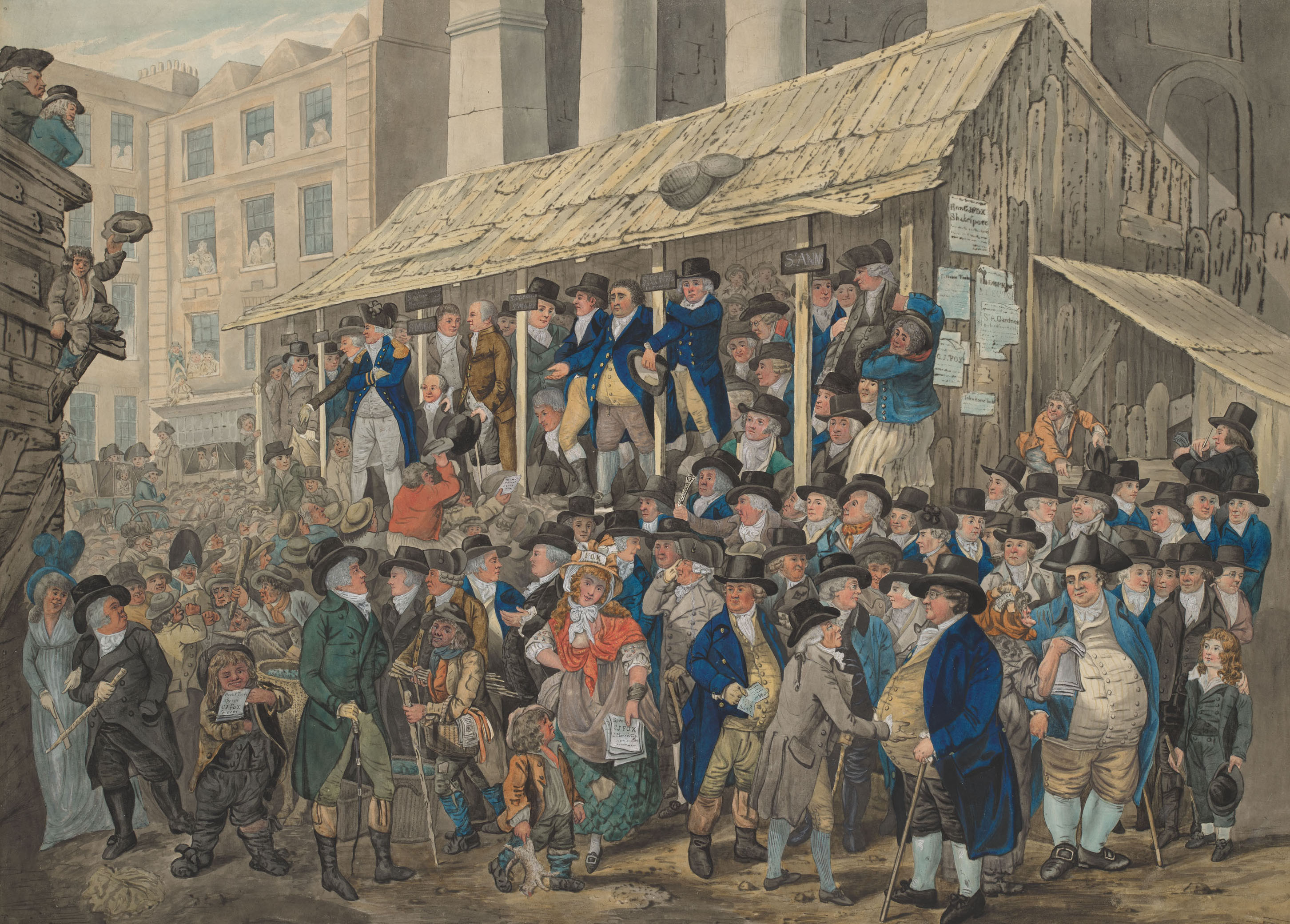 A picture of a crowd outside St Paul's Church, Covent Garden. The crowd are in front of a platform where people are making speeches.
