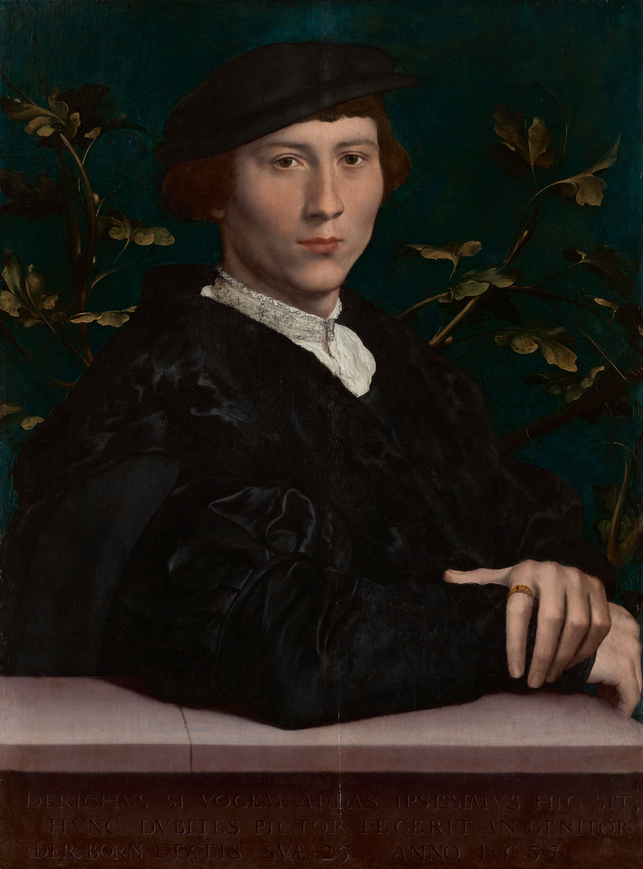 Derich Born by Hans Holbein (RCIN 405681) Painting of a Tudor man wearing a black hat. He is sitting facing the viewer and crossing his hands.