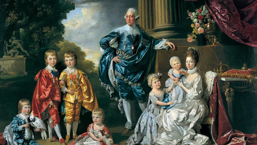 George III with Queen Charlotte and their six eldest children (RCIN 400501) George III with Queen Charlotte and their six eldest children wearing luxurious clothes with garden scene in the background