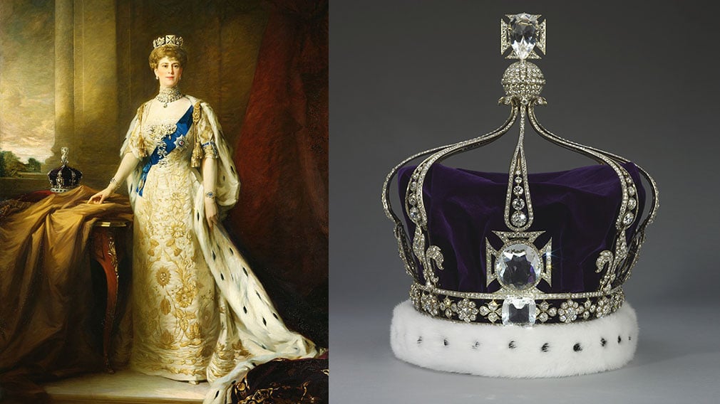 Queen Mary in her coronation robes (RCIN 402024) and Queen Mary's Crown before it was altered for the 2023 Coronation (RCIN 31704) Painting of Queen Mary wearing a gold dress. A silver crown with diamonds and purple velvet.