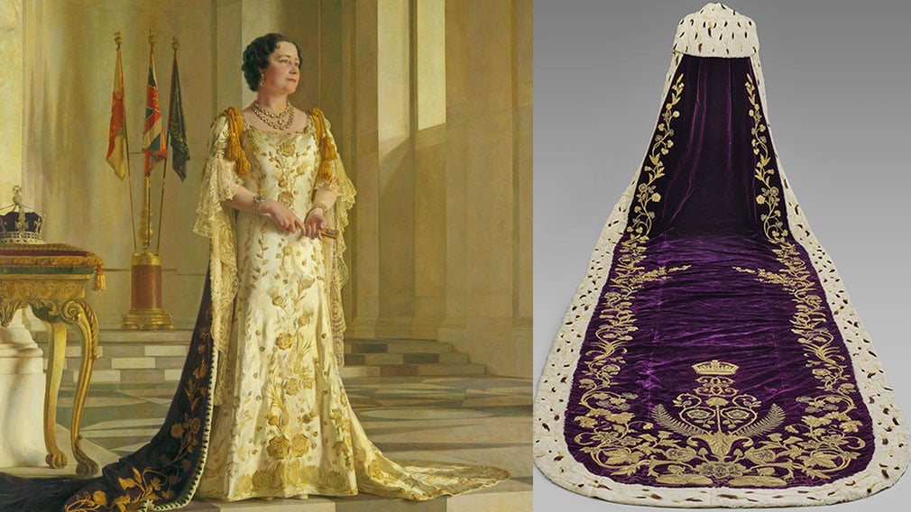 Portrait of Queen Elizabeth (RCIN 403423) and her Coronation Robe (RCIN 75052) Painting of Queen Elizabeth wearing a purple robe.