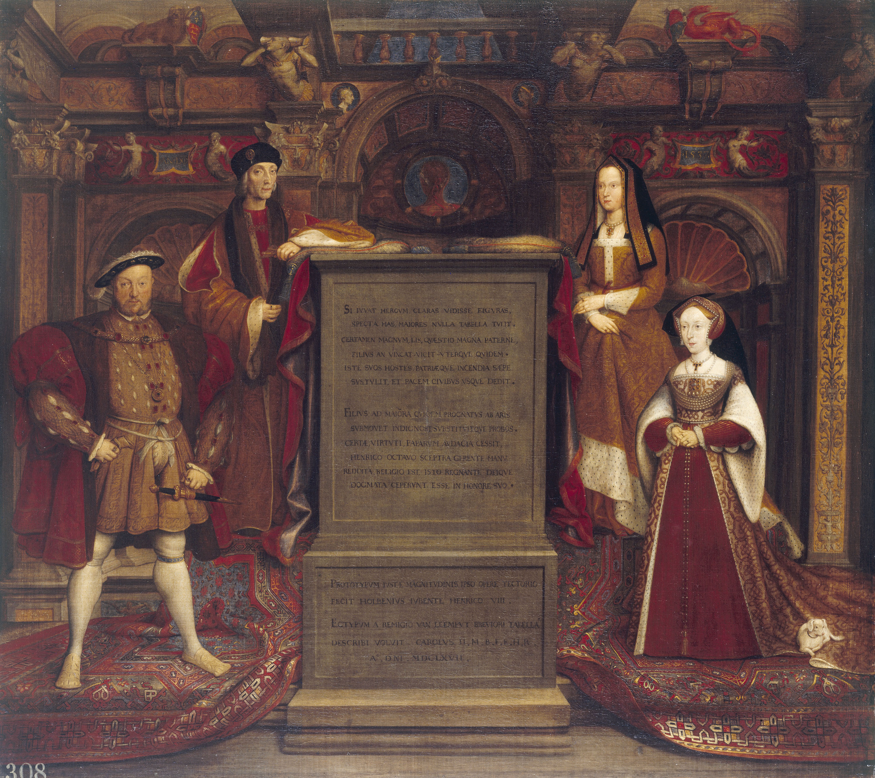 A copy of a mural by Holbein showing Henry VIII, his parents and his third wife Jane Seymour (RCIN 405750) A painting of 4 people standing in a richly decorated Renaissance interior.