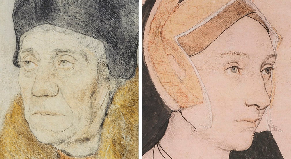 Drawing of William Warham drawn directly onto white paper (RCIN 912272) and drawing of Mary Shelton drawn onto a prepared pink paper (RCIN 912227) Two drawings. One of a older man wearing a black hat facing left and a woman wearing a Tudor headress.