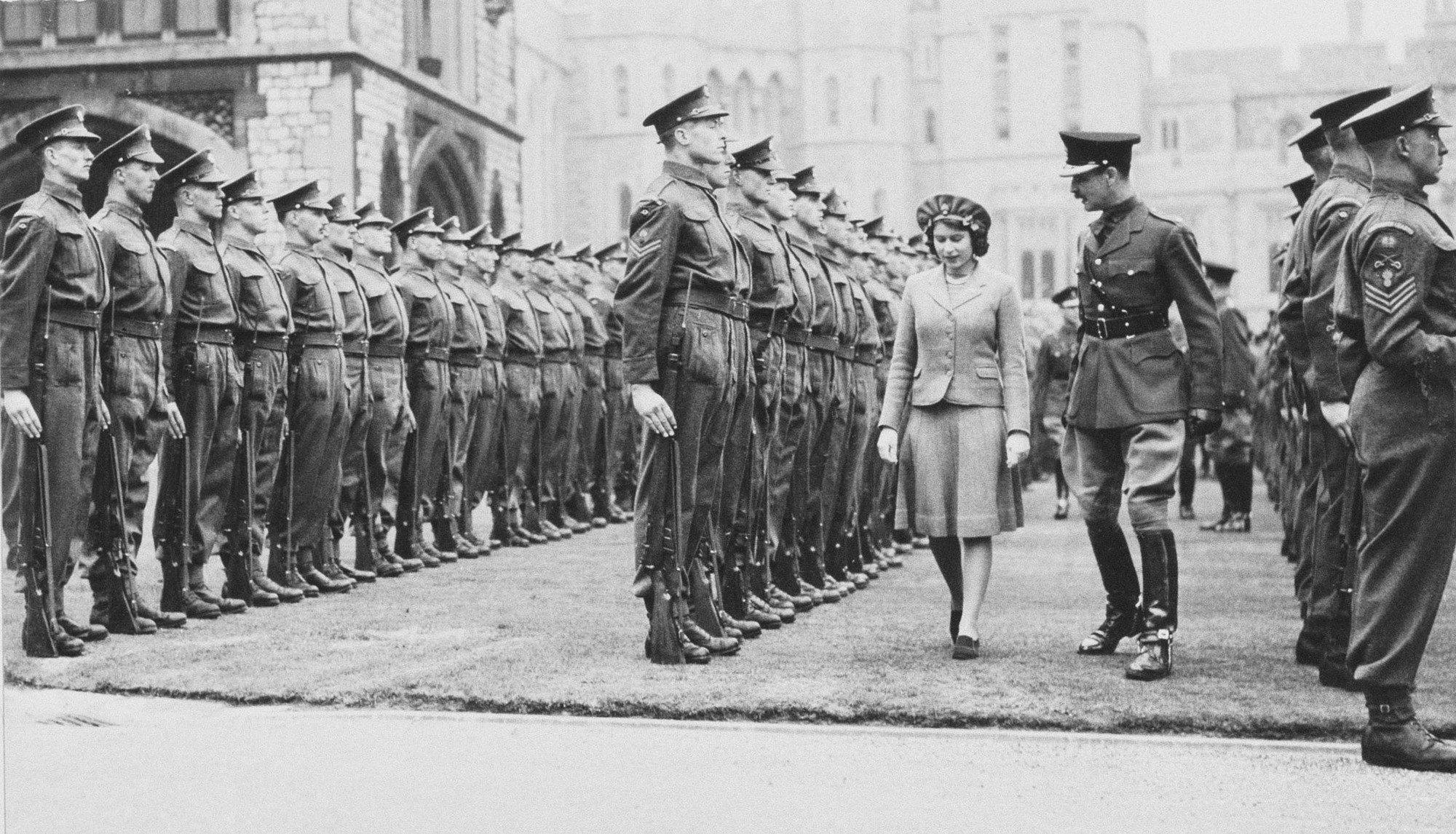 Princess Elizabeth on an inspection of Grenadier Guards