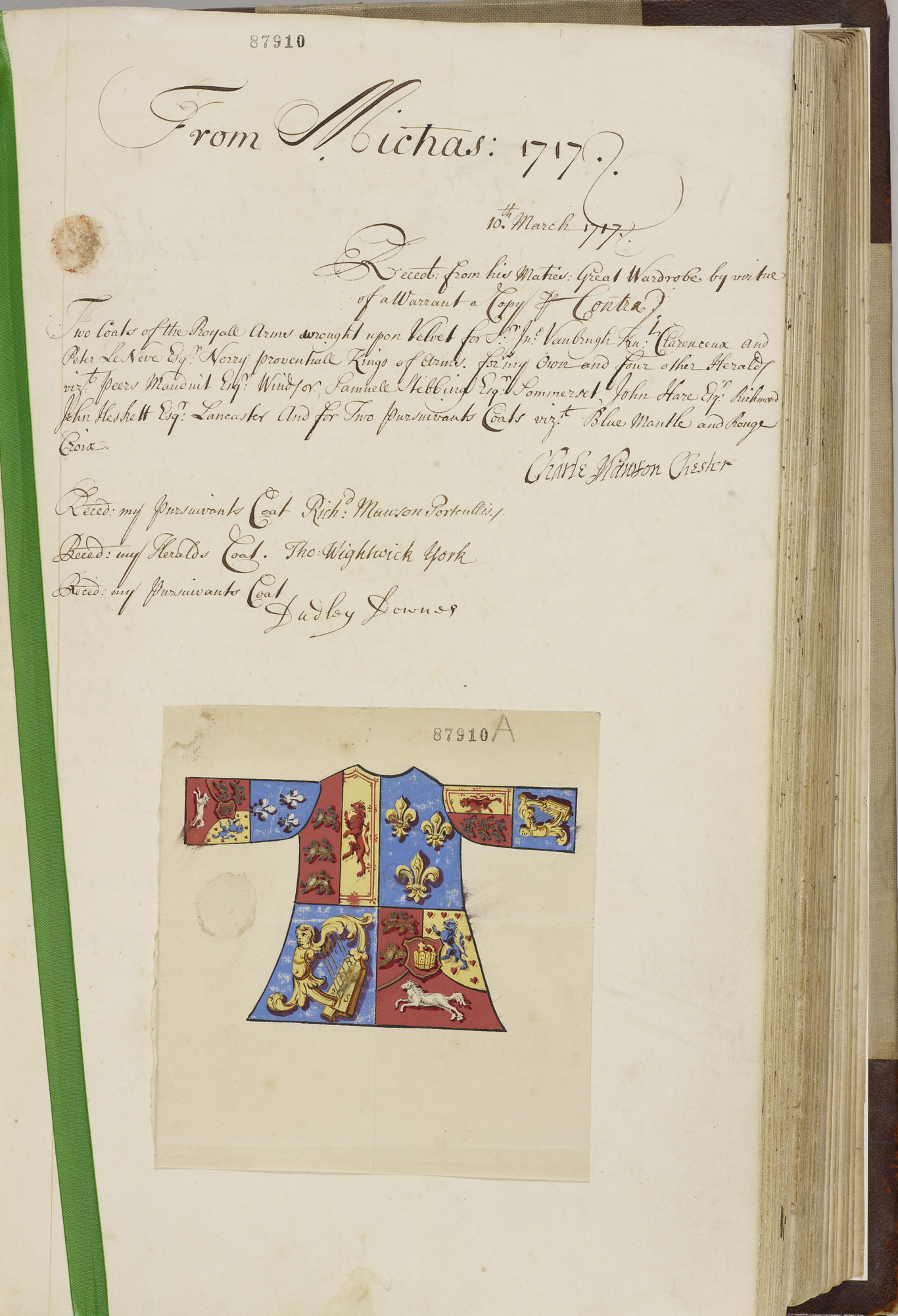 Page 19, copy receipt for tabards for officers in the College of Arms, with coloured drawing of the tabard, bearing the Royal Arms, March 1717
