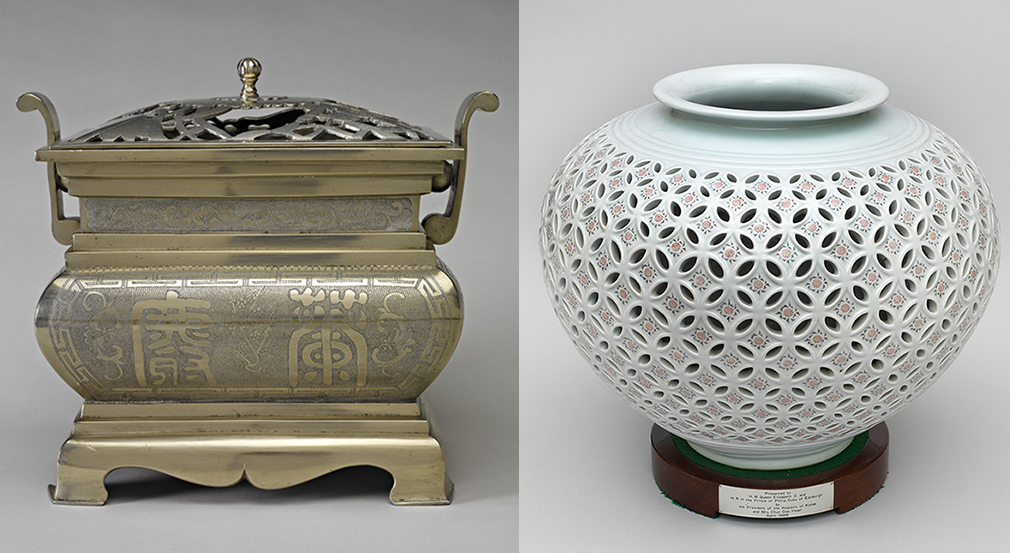 Incense burner sent to Queen Victoria for her Diamond Jubilee in 1897 (RCIN 75047) and porcelain vase presented to Queen Elizabeth II in 1986 by President Chun Doo-Hwan (RCIN 11730). Silver box and a bulbous pale blue porcelain vase.