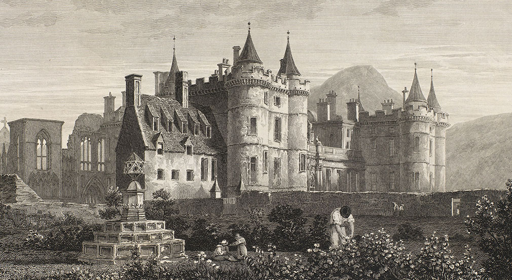 View of the Palace of Holyroodhouse in the 1820's where the historic physic garden was located (RCIN 702906) Black and white image of the palace with people tending to the gardens