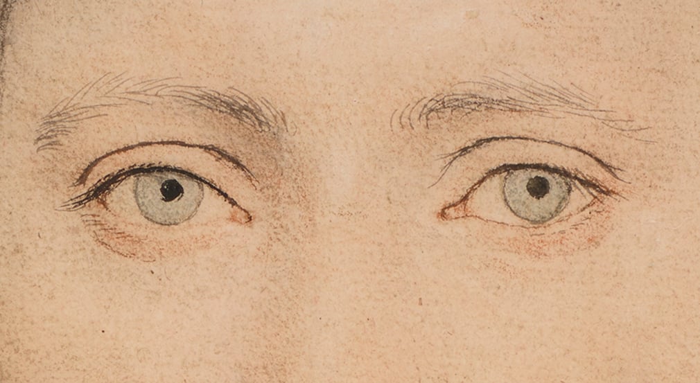 The unidentified sitter’s brilliant blue eyes could not be depicted in natural chalk but were coloured with watercolour (RCIN 912259) Drawing of a person's blue eyes.