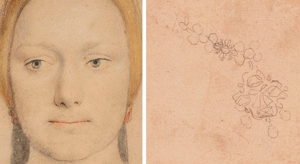 This portrait of Mary Zouch was initially sketched in black chalk, except for the eyes and lips which were drawn in red (RCIN 912252). This intricate necklace has been captured with a hard black chalk sharpened to a fine point (RCIN 912191) Drawing of a woman facing the viewer and black chalk drawing of a necklace.