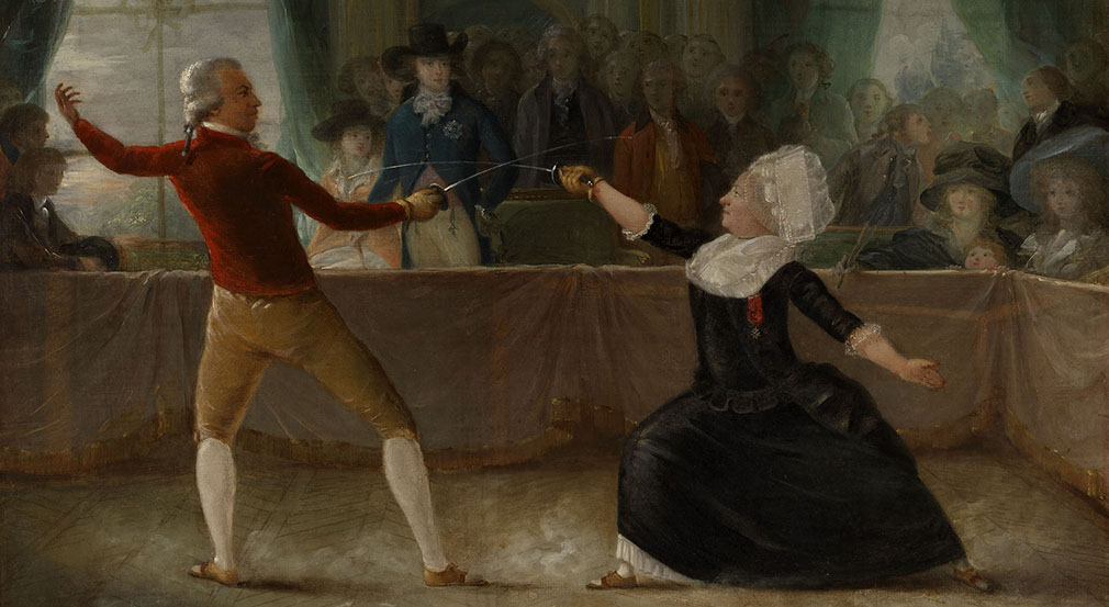 The Fencing-Match between the Chevalier de Saint-George and the Chevalier d'Eon by Alexandre-Auguste Robineau (RCIN 400636) Two people fencing with a crowd watching