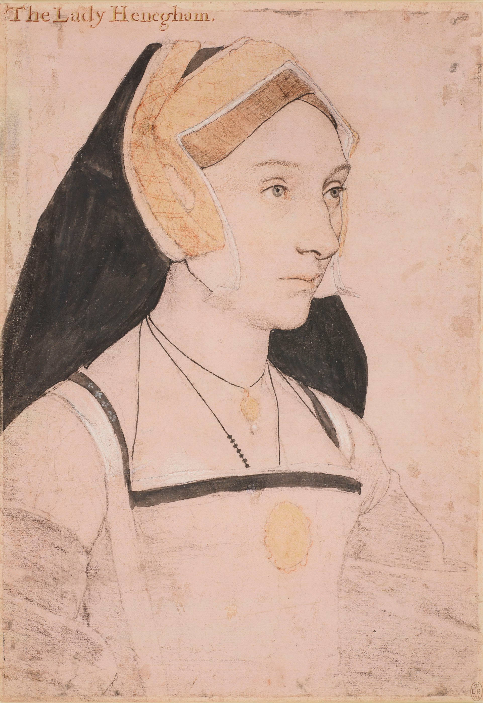 Drawing of a woman wearing a Tudor hat.