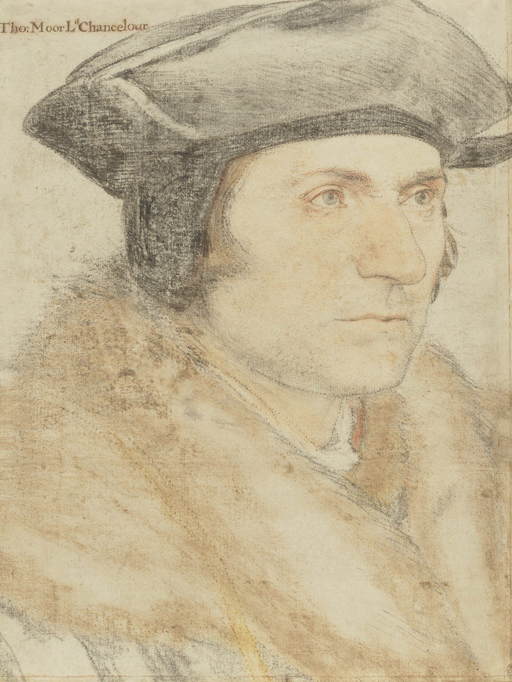 Holbein's portrait drawing of Sir Thomas More wearing a fur collar (RCIN 912268) Drawing of a man wearing a black hat and a fur collar
