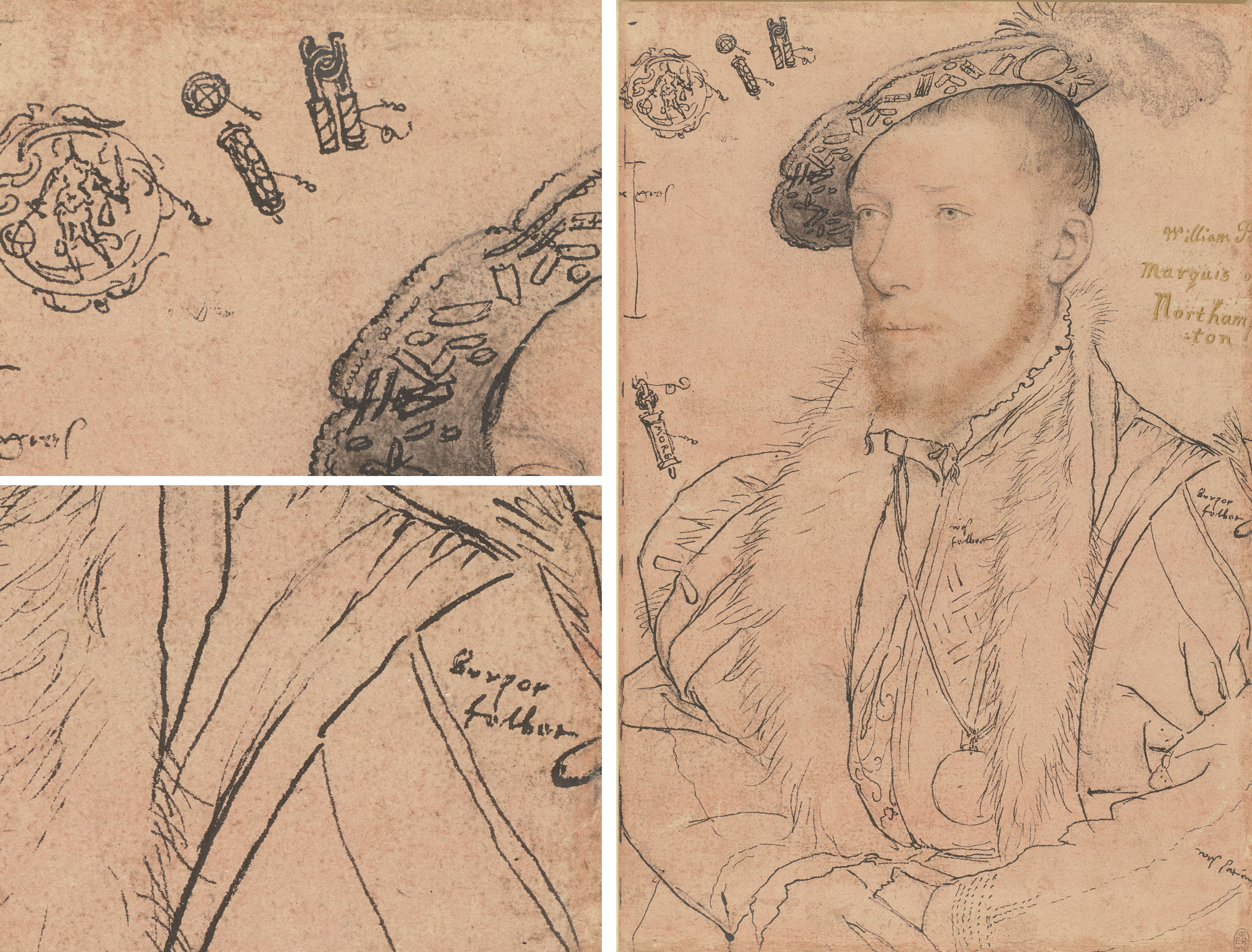 A drawing of William Parr shows enlarged details of the jewellery added around the main figure while written notes on his clothing indicate colour and fabric, for example “burpor felbet” (purple velvet) on his shoulder (RCIN 912231) A drawing of a man with written text and details of jewellery.