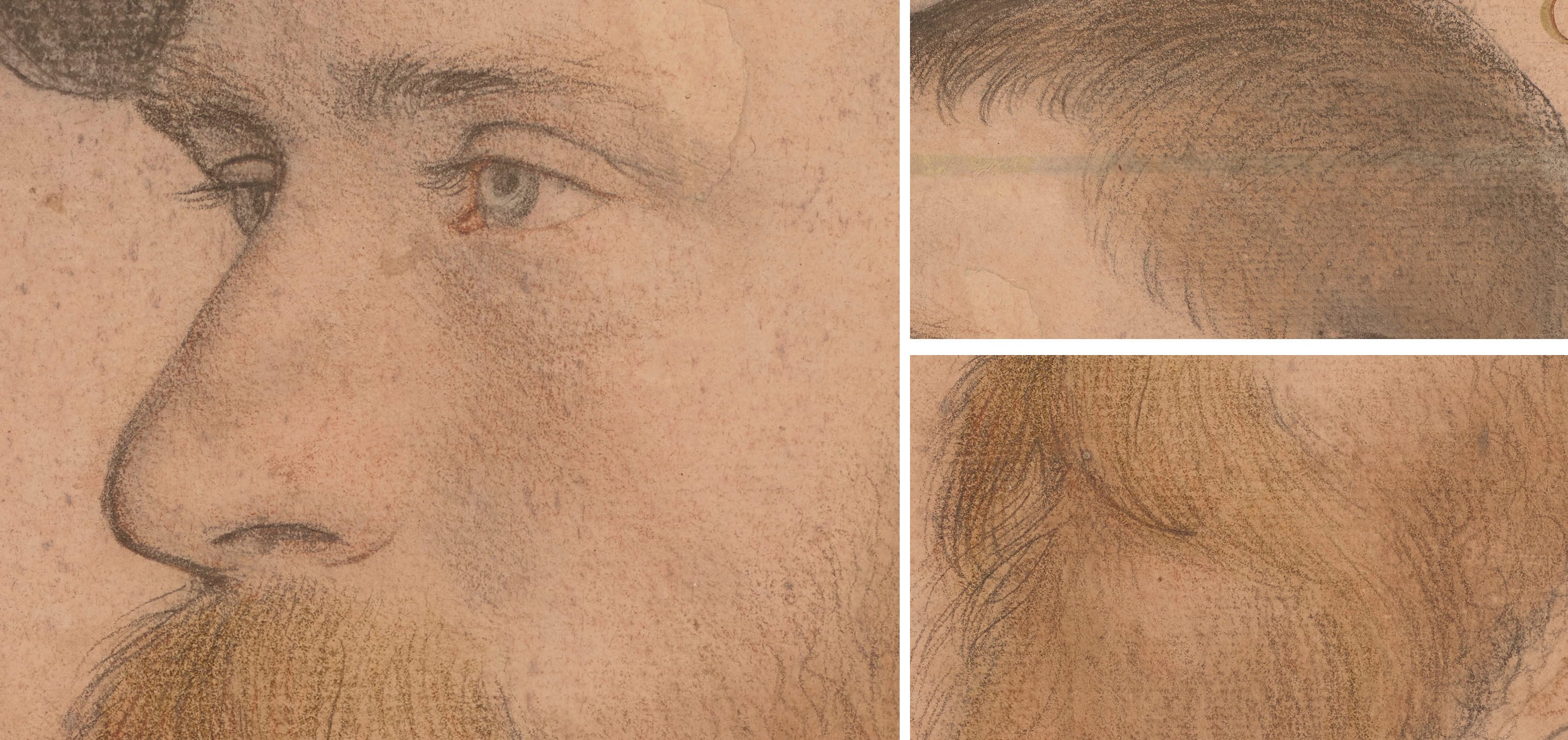 This drawing of William Reskimer shows how the shape of his cheek has been created by stumping and blending black and red chalk. The hair and moustache show how strokes of chalk have been layered over base colours of stumped chalk (RCIN 912237). Close up a drawing of a man's face in side profile. Brown and black details of the moustache and hair.