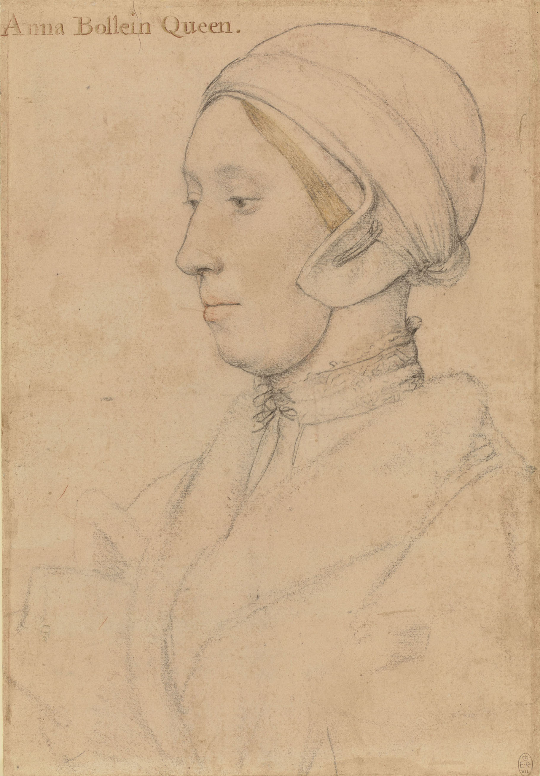 Portrait drawing of Anne Boleyn wearing a nightgown and simple cap (RCIN 912189) Drawing of a woman in profile. She wears a informal nightgown lined with fur and linen undercap.