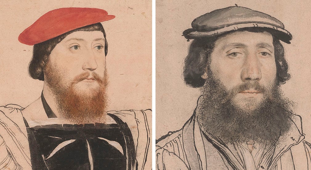 Two drawings heavily worked up with watercolour. James Butler (RCIN 912263) and an unidentified man (RCIN 912258) Drawing of a man with a brown beard and wearing a red hat. Another drawing of a man with a black beard and black hat.