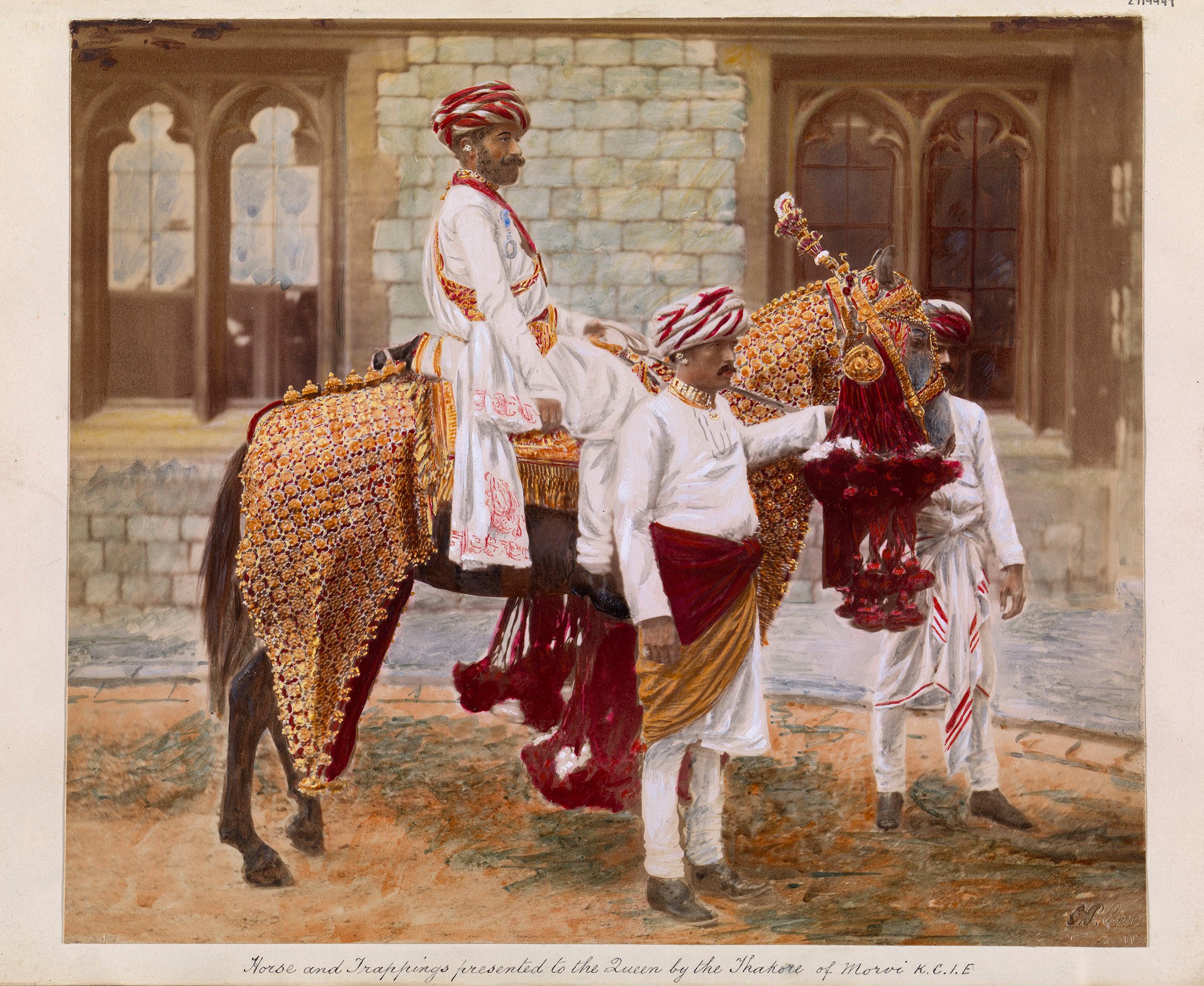 Hand-coloured photographic print of horse and trappings 