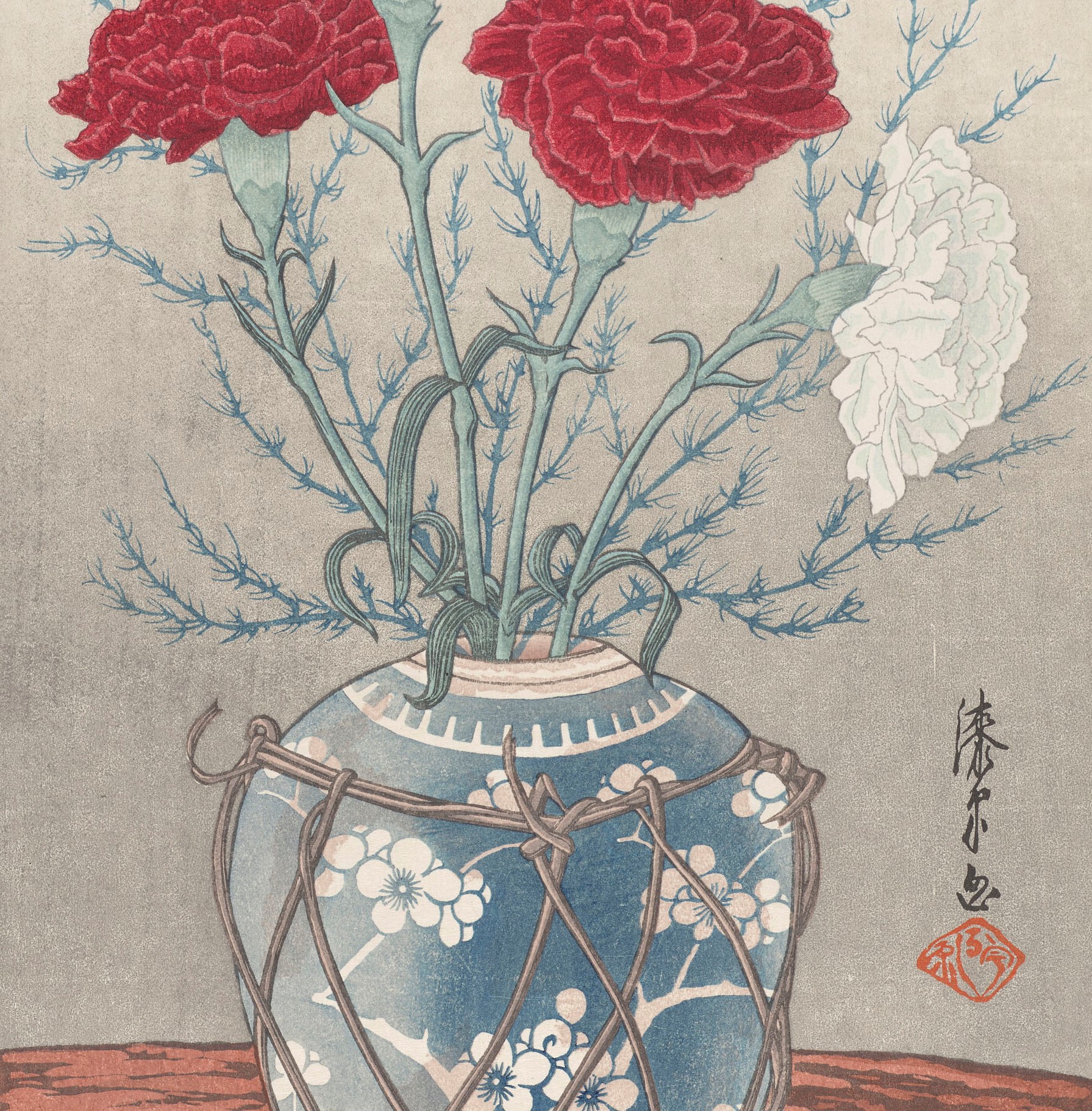 <i>Carnations in a ginger jar</i> | <a href=https://www.rct.uk/collection/themes/exhibitions/japan-courts-and-culture/the-queens-gallery-buckingham-palace/carnations-in-a-ginger-jar>RCIN 502218</a>