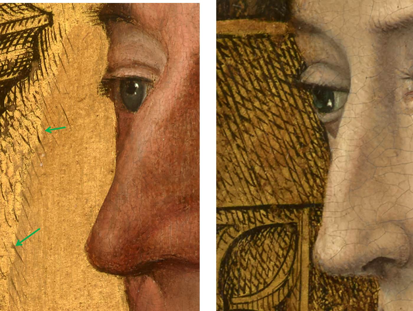 Comparative images showing gilding around the noses on two characters