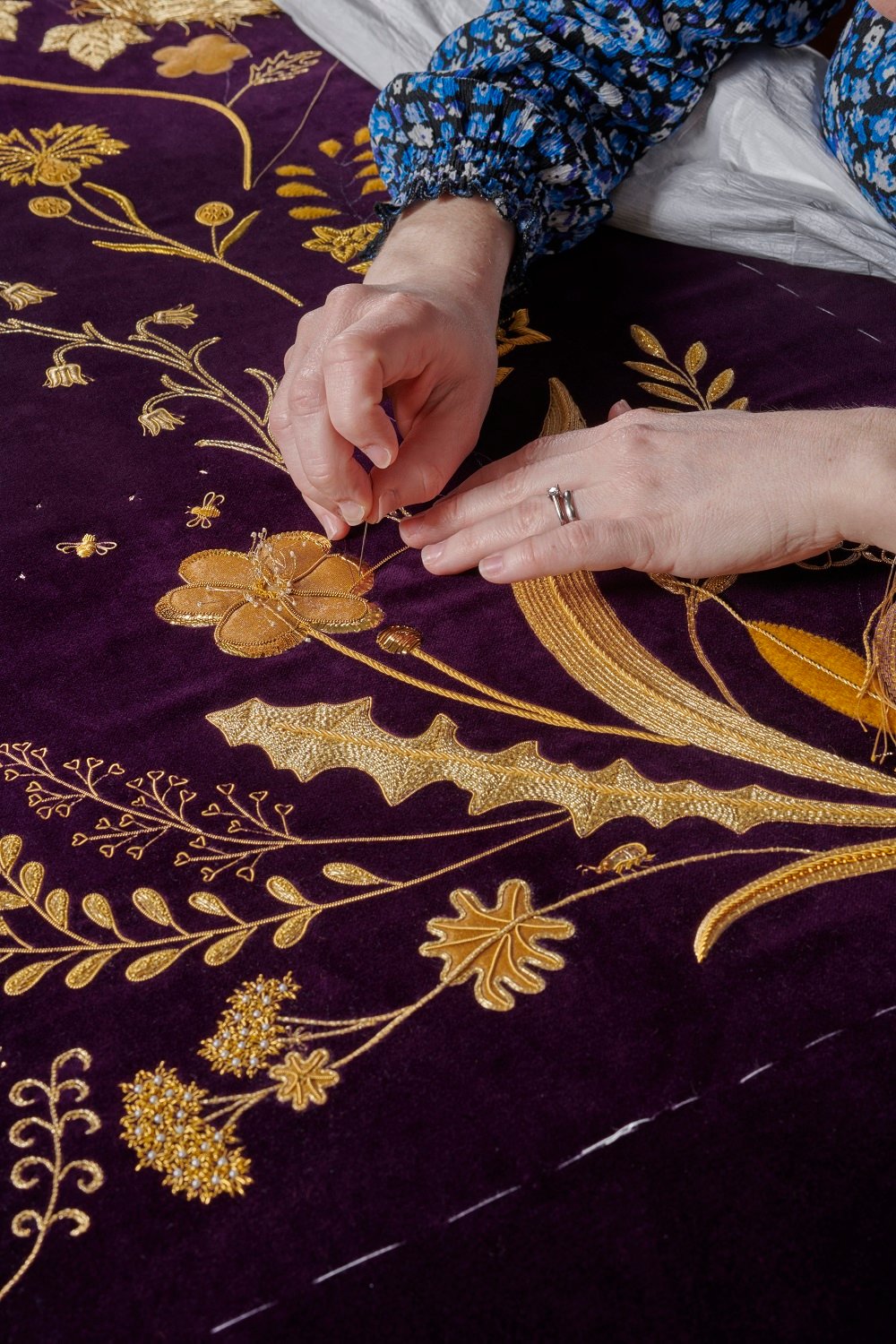 Royal School of Needlework working on Queen Camilla's Robe of Estate