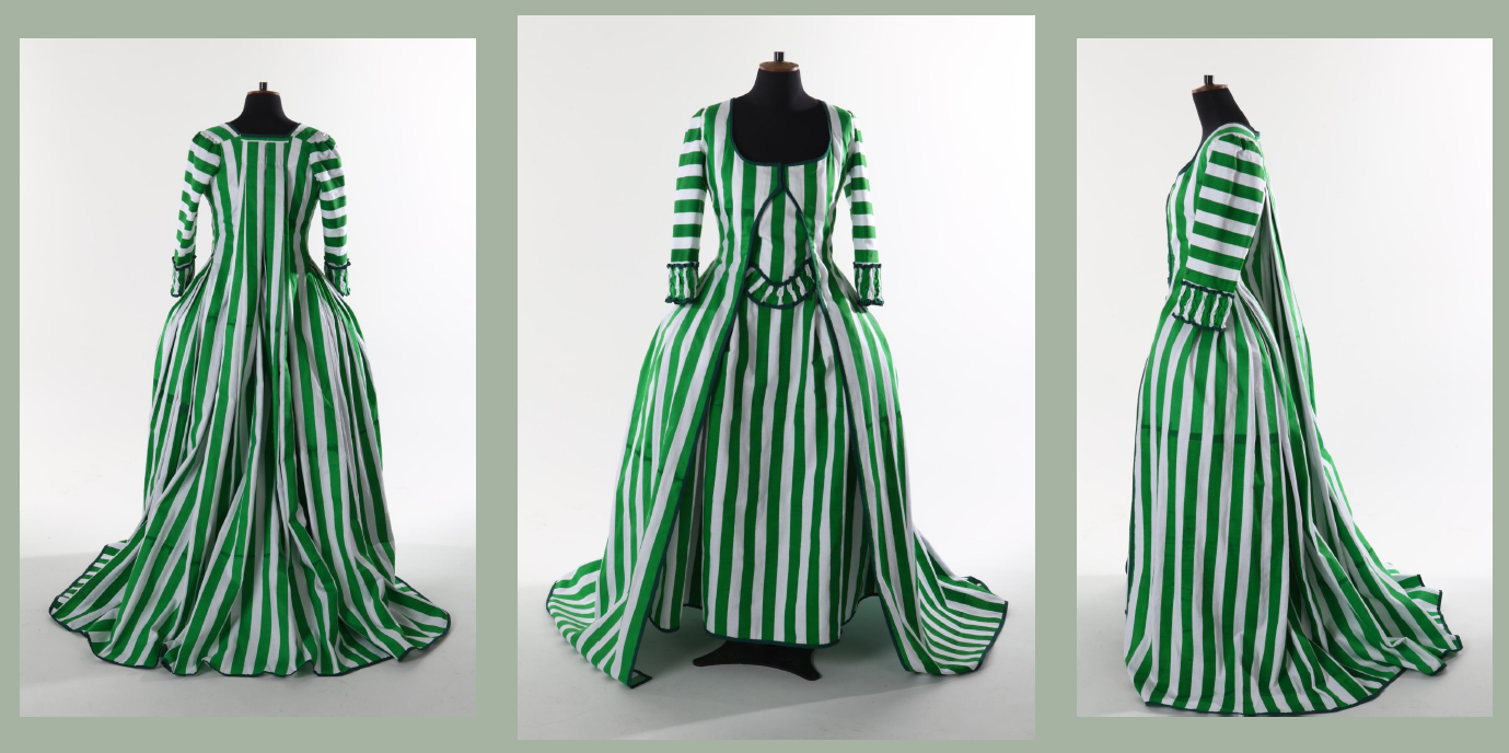 1780s green striped dress by Sassie Shelton, @sassieshelton_costume on instagram