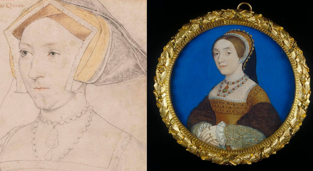 Holbein's portrait of Jane Seymour (RCIN 912267) and miniature of a lady, perhaps Katherine Howard (RCIN 422293). Left: A painting of a woman wearing a brown Tudor dress. Right: A drawing of a woman in profile wearing a Tudor style hat.