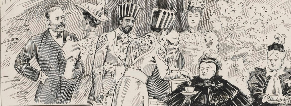 Detail showing Queen Victoria drinking tea at a Buckingham Palace Garden party