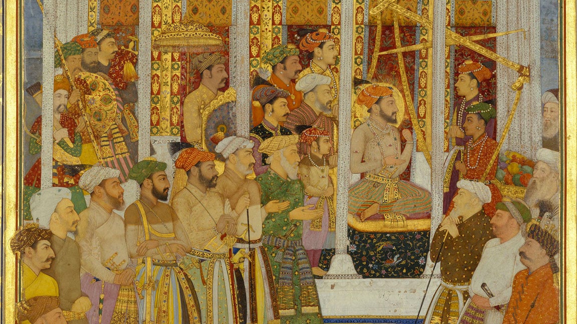 The weighing of Shah-Jahan on his forty-second lunar birthday, 23 October 1632 A page from The Padshahnama entitled 'The weighing of Shah-Jahan on his forty-second lunar birthday, 23 October 1632'